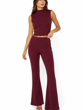 House of Harlow 1960 Ribbed 2 Piece Set Wine Mock Neck Flare Pants S